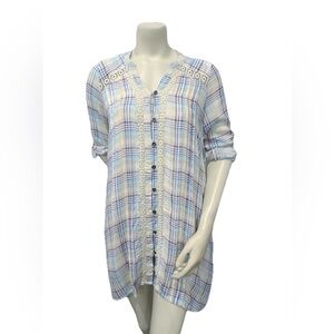 Entro Plaid Shirt Dress Blue Beige Lace Trim Button Front | Size S